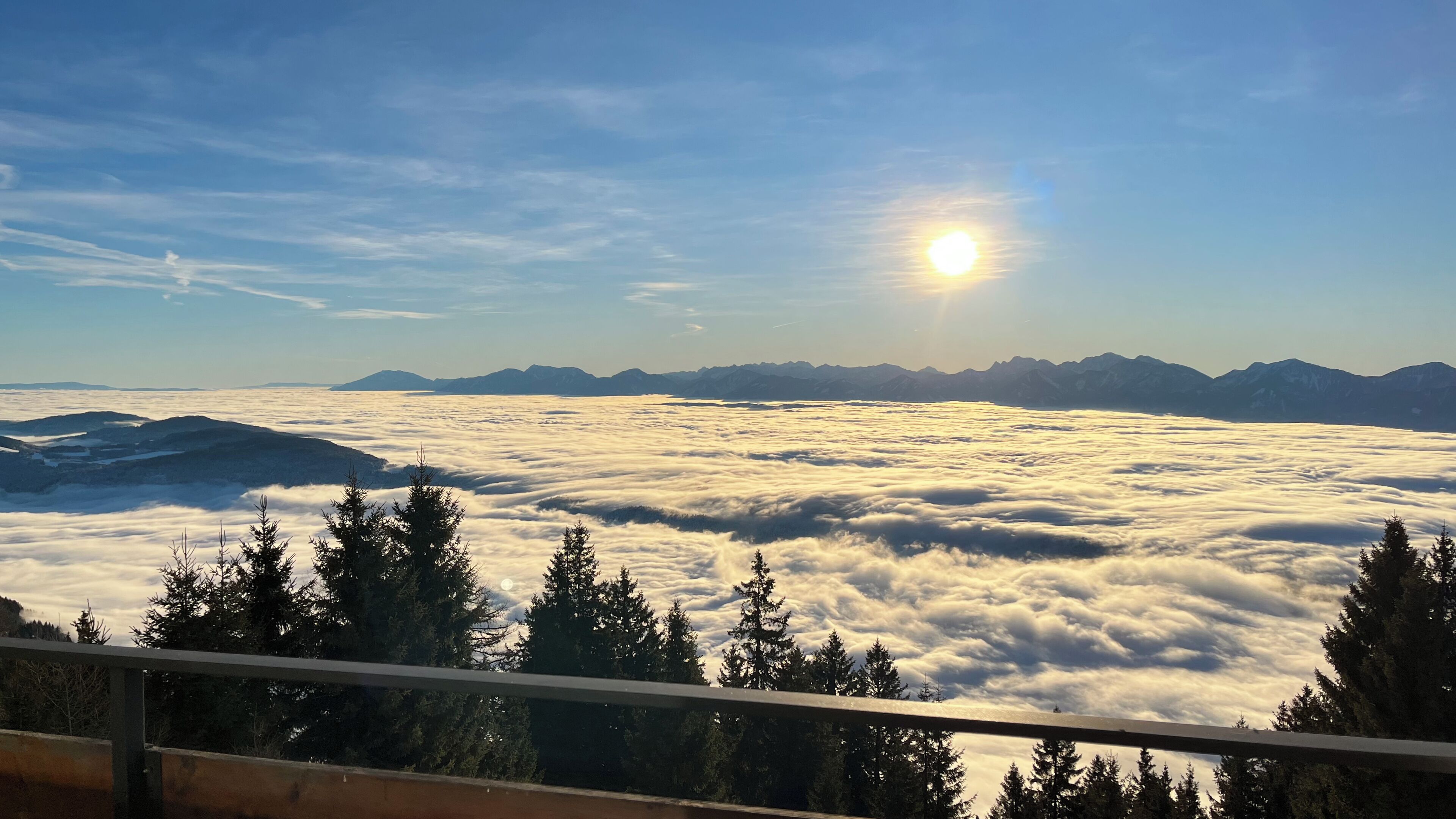 Un paysage de montagne avec un ciel ensoleillé, un premier plan boisé et une vue sur des montagnes lointaines.