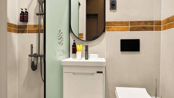 Une salle de bain moderne équipée d’une douche, de toilettes, d’un lavabo et d’un miroir.