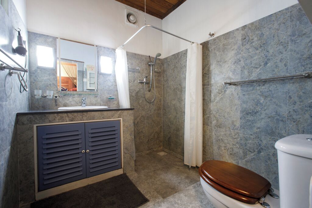 A bathroom with a shower, toilet, and vanity.