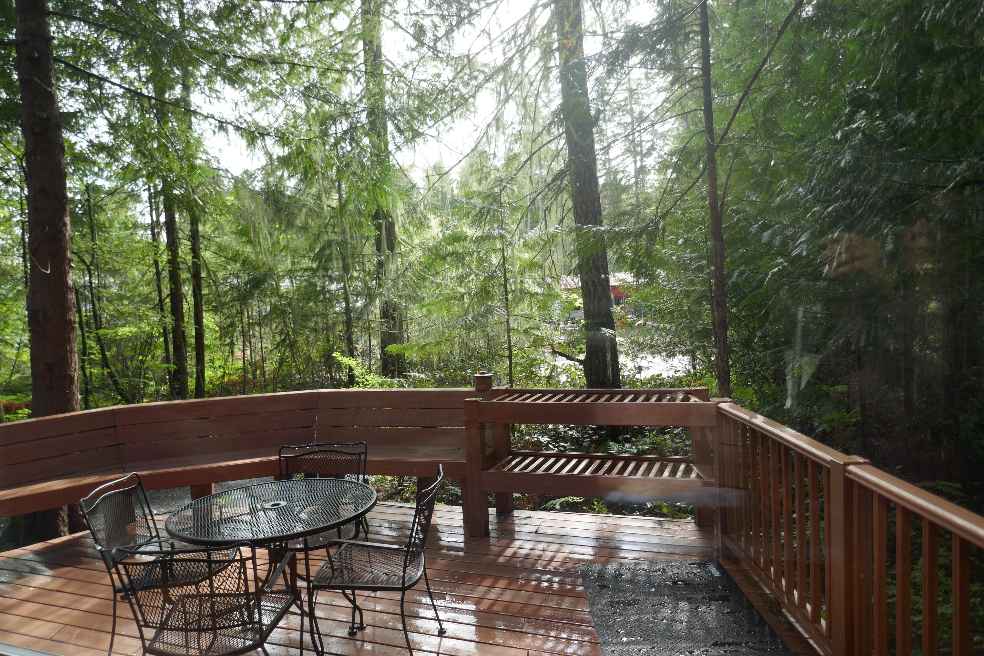 A wooden deck with a table and chairs, surrounded by a forest.