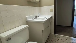 A bathroom with a toilet, sink, and mirror. - St. Paul Cozy Home Stay-Pets Ok, Pool & GYM Access - 79/Night, 1,750/Month (Saint Paul)