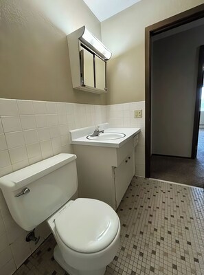 A bathroom with a toilet, sink, and mirror. - St. Paul Cozy Home Stay-Pets Ok, Pool & GYM Access - 79/Night, 1,750/Month (Saint Paul)