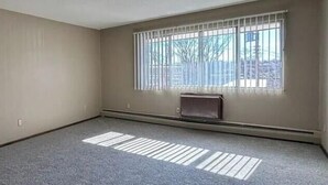 A room with a large window, a radiator, and a door. - St. Paul Cozy Home Stay-Pets Ok, Pool & GYM Access - 79/Night, 1,750/Month (Saint Paul)