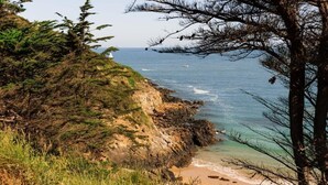 A coastal landscape with a rocky cliff, beach, and ocean view. - The Lomy Shelter. Jacuzzi with ocean view · Movie theater · Pool table (Pléneuf-Val-André)
