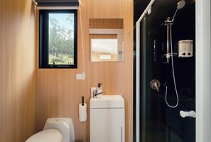 Dusche, Haartrockner, Handtücher, Shampoo