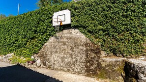 Un aro de baloncesto fijado a una pared de hormigón con un seto verde y tupido al fondo.