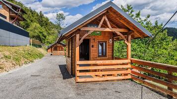 A wooden cabin with a sloped roof, a door, and a window.