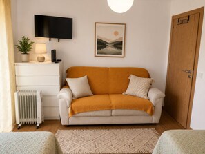 Ein Wohnzimmer mit einer Couch, einem Fernseher, einer Heizung, einer Tür und einem gerahmten Bild an der Wand.