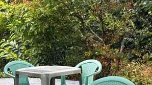 Una mesa y dos sillas en un entorno al aire libre, con follaje de fondo.