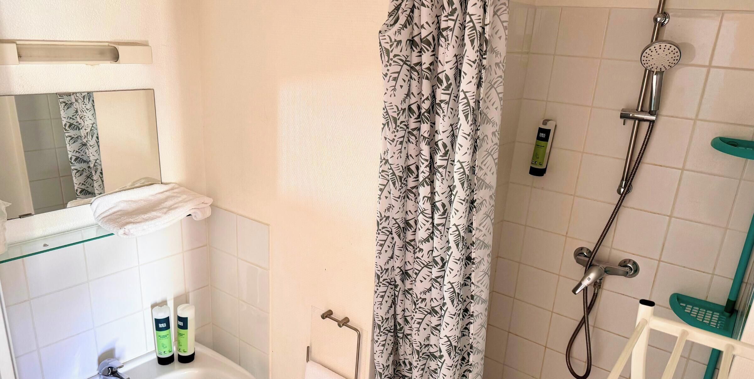 Une salle de bain avec une douche, un porte-serviettes et un miroir.