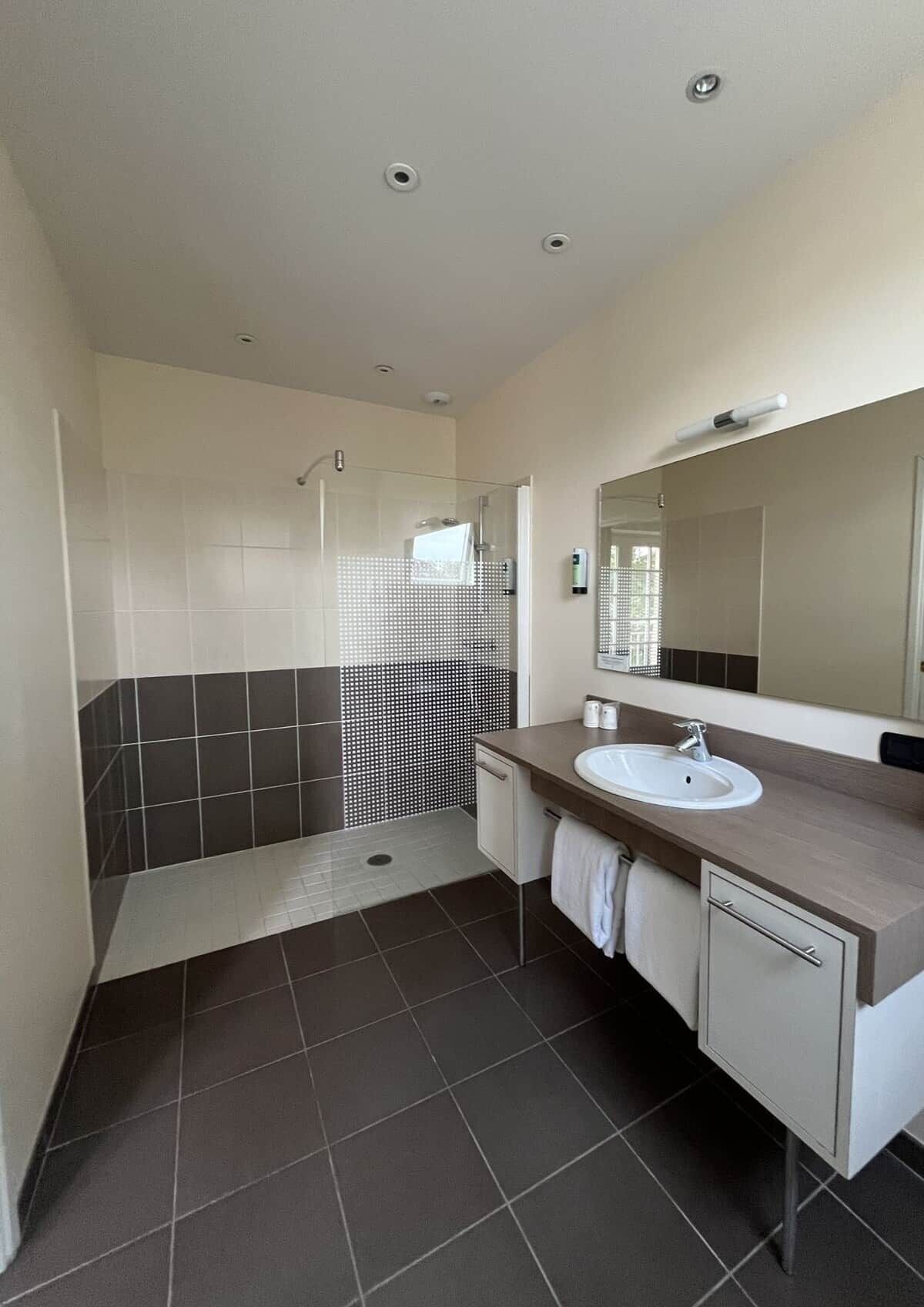 Une salle de bain moderne avec une douche, un lavabo et un miroir.