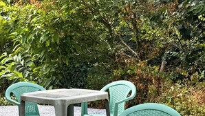 Mesa e duas cadeiras em ambiente externo, com vegetação ao fundo.