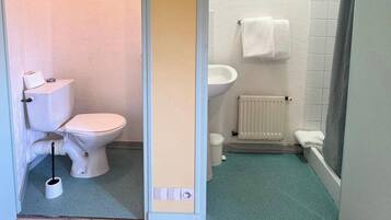 Une salle de bain comprenant des toilettes, un bidet et un espace douche.