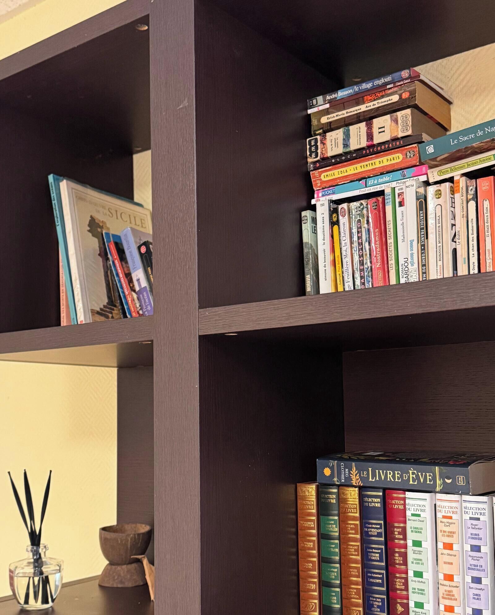 Una libreria con diversi libri, un piccolo vaso con canne e una ciotola di legno.