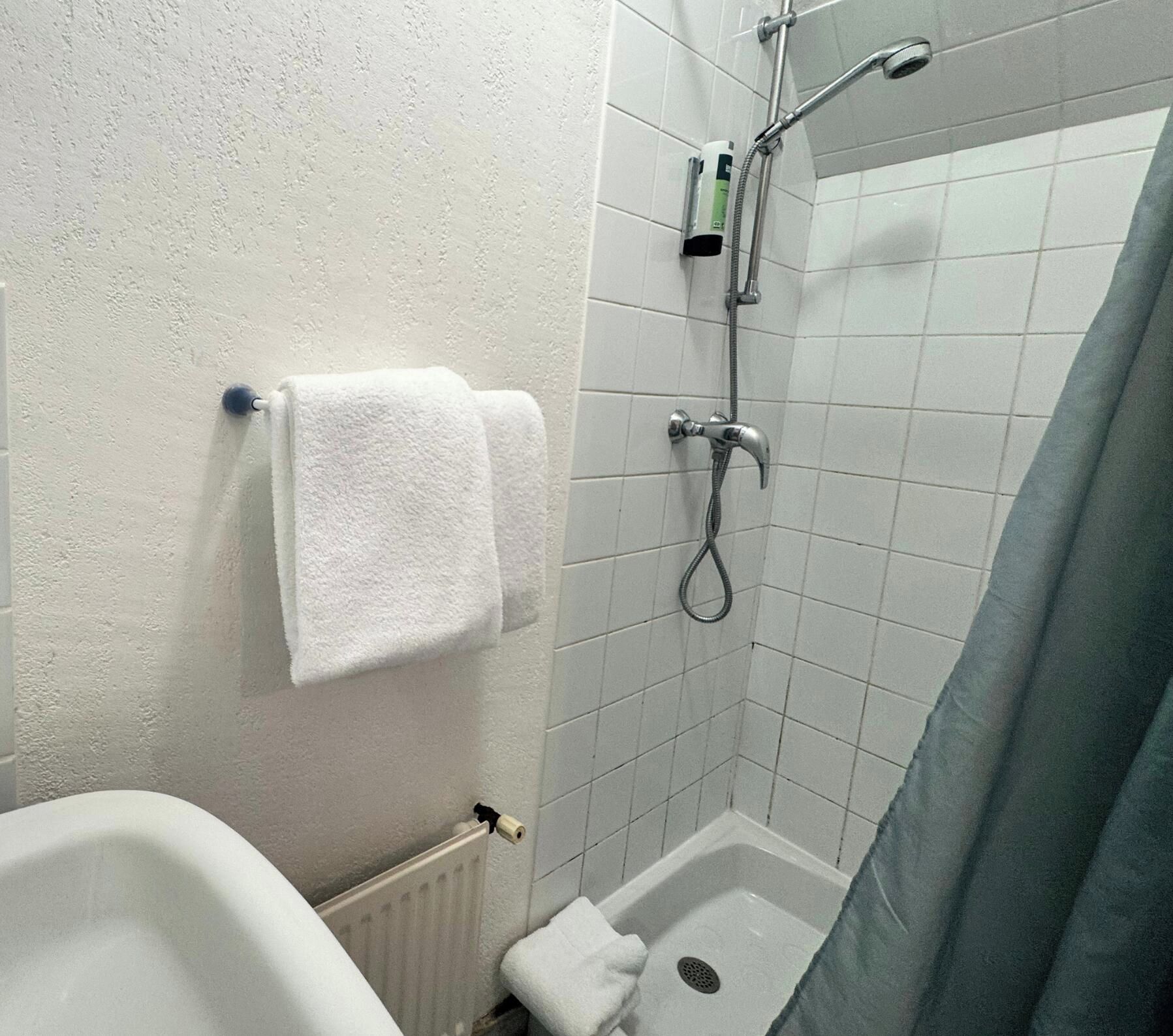 Une petite salle de bain avec une baignoire blanche, une douche équipée d’un pommeau de douche amovible et des toilettes.