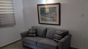 Ein graues Sofa mit gemusterten Kissen vor einer weißen Wand, darüber ein gerahmtes Bild.