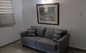 Ein graues Sofa mit gemusterten Kissen vor einer weißen Wand, darüber ein gerahmtes Bild.