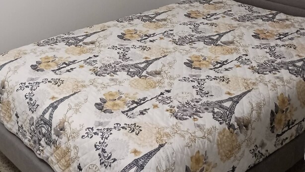 Ein Schlafzimmer mit einem Bett, einem Gemälde und einer Klimaanlage.