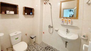 A bathroom with a toilet, sink, shower, and a mirror. - Fun 1BR w/Games, Budget Stay in Hanoi Old Quarter, Max 4, Locker, Free Wash (Hà Nội)
