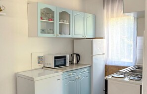 Fridge, microwave, stovetop, cookware/dishes/utensils