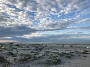 Ein Strand mit verstreuten Trümmern und bewölktem Himmel.