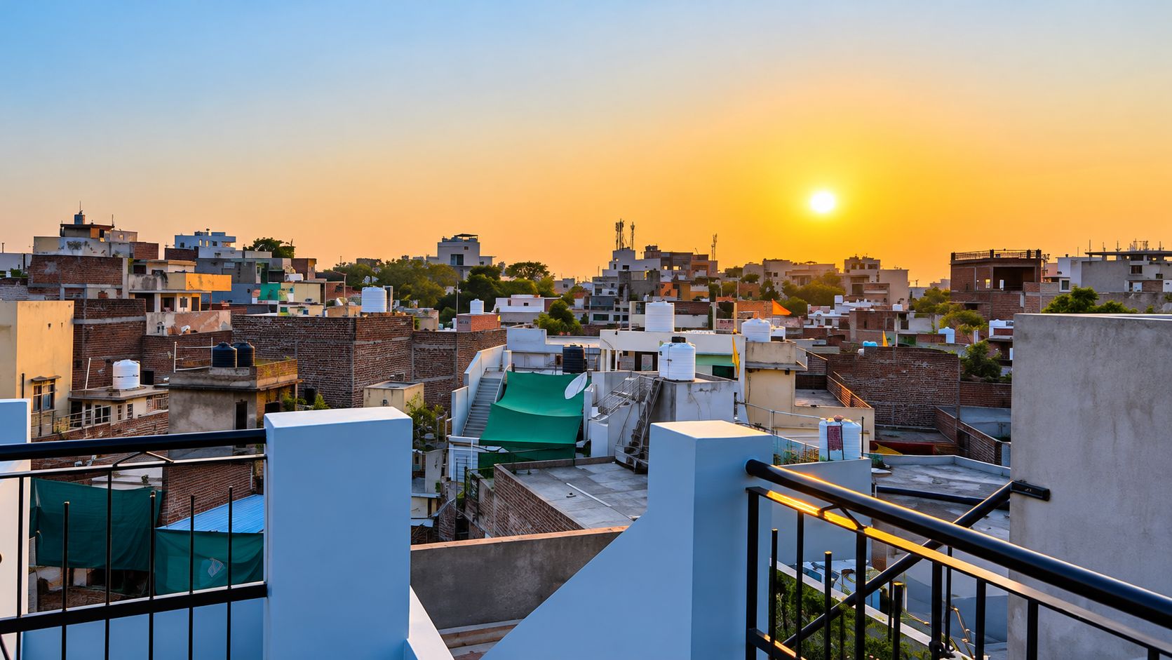 A cityscape at sunset with multiple buildings, some with water tanks on rooftops, and a green tarp on one structure.