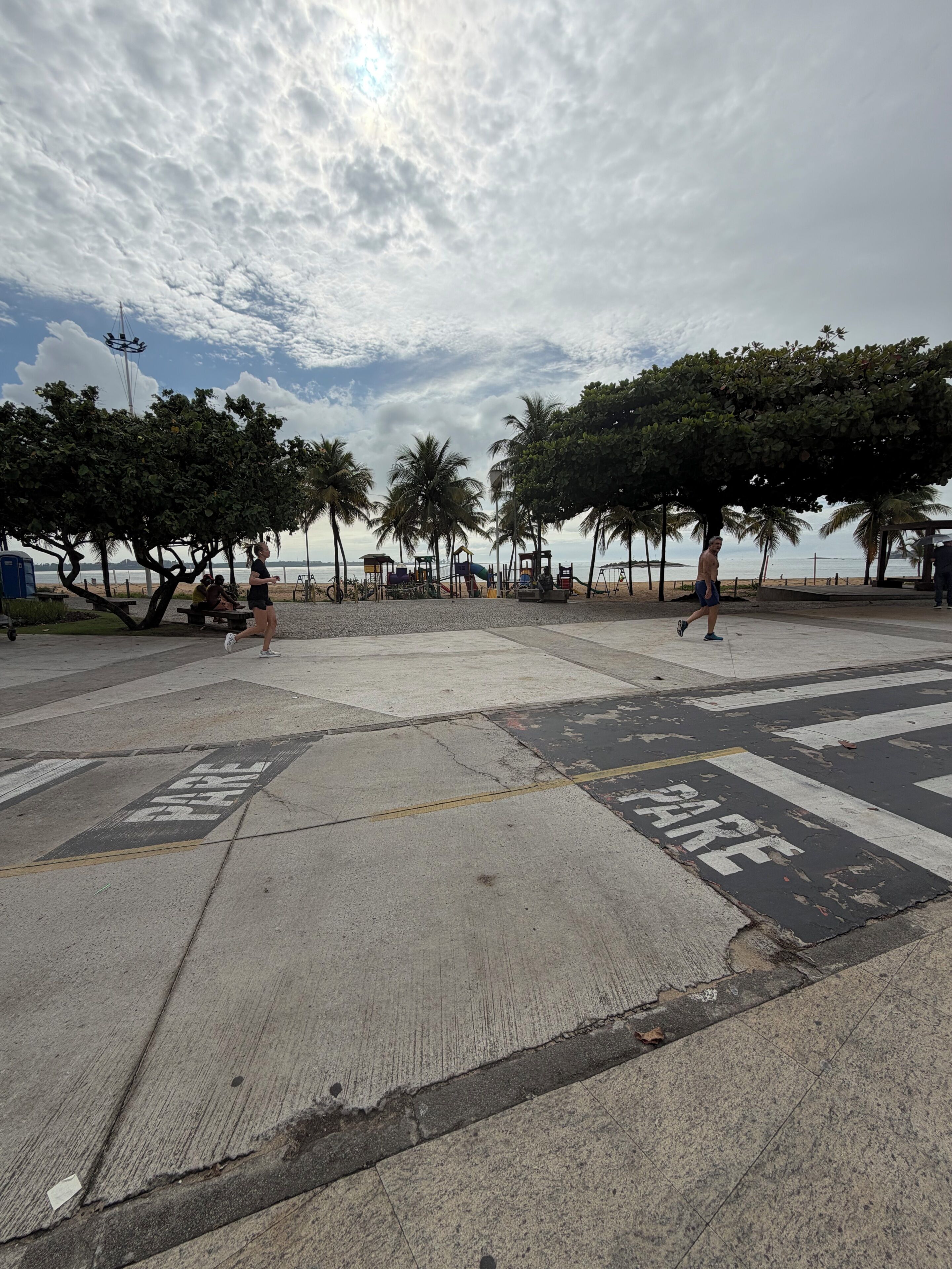 A pedestrian crossing with 'PARE' painted on the road surface, palm trees, and a clear sky.