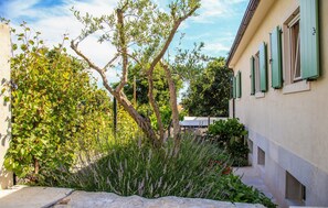 A courtyard with a tree, a building with green shutters, and a stone wall. - Stunning home in Krnica (Krnica)