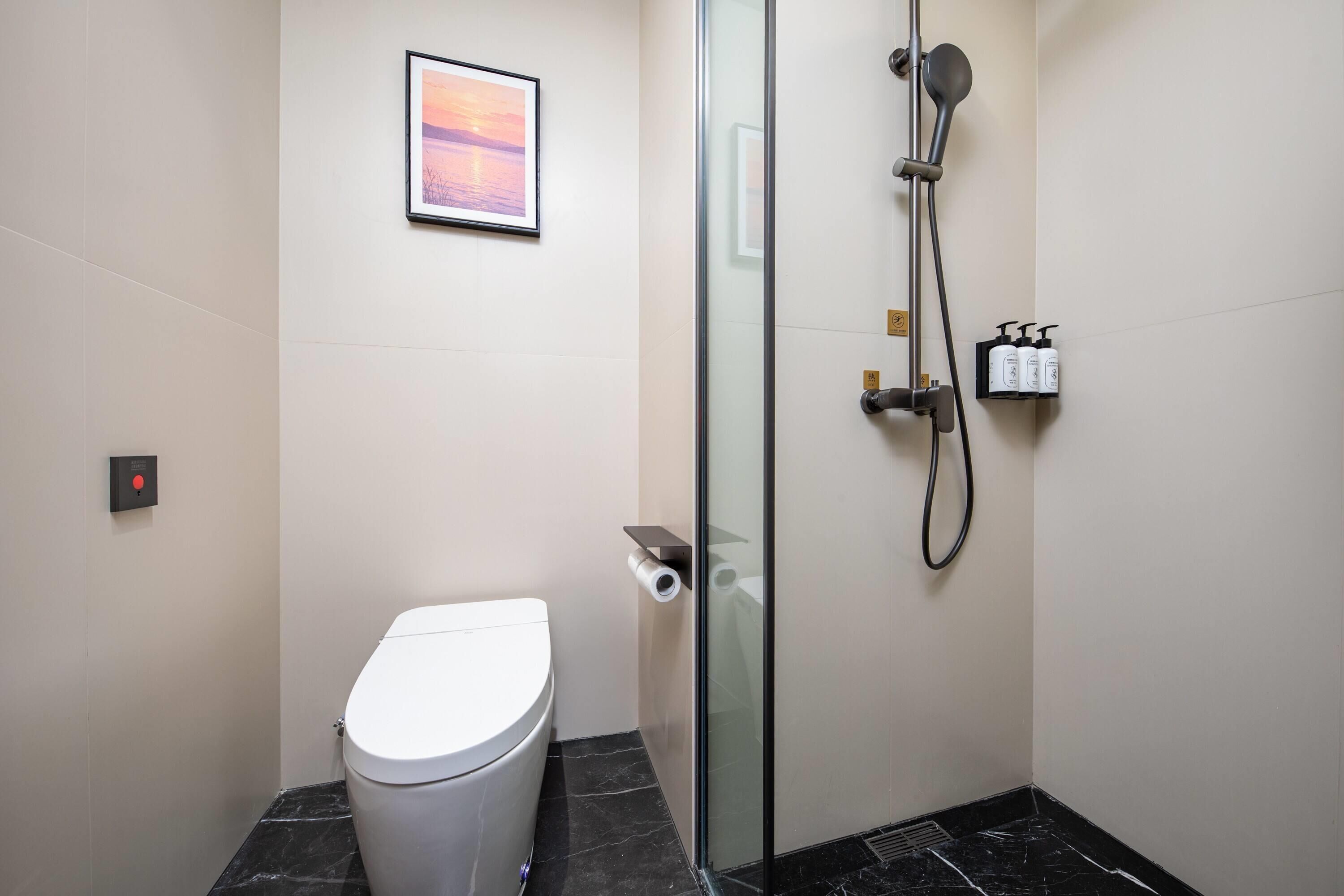 A modern bathroom with a toilet, a glass shower enclosure, and a framed picture on the wall.
