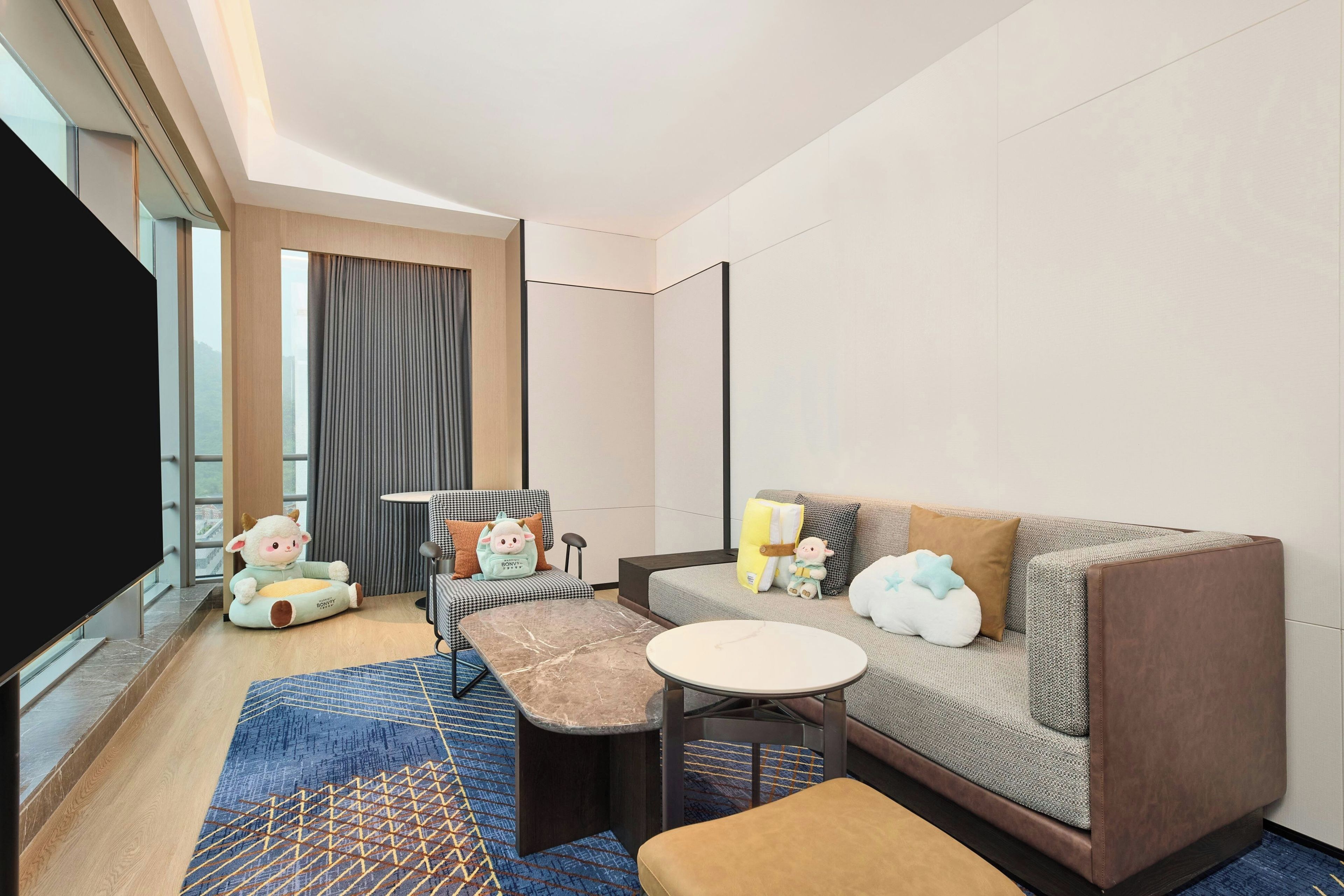 Une chambre d’hôtel moderne équipée d’un canapé, d’une petite table, d’un téléviseur à écran plat et d’une fenêtre avec des rideaux.
