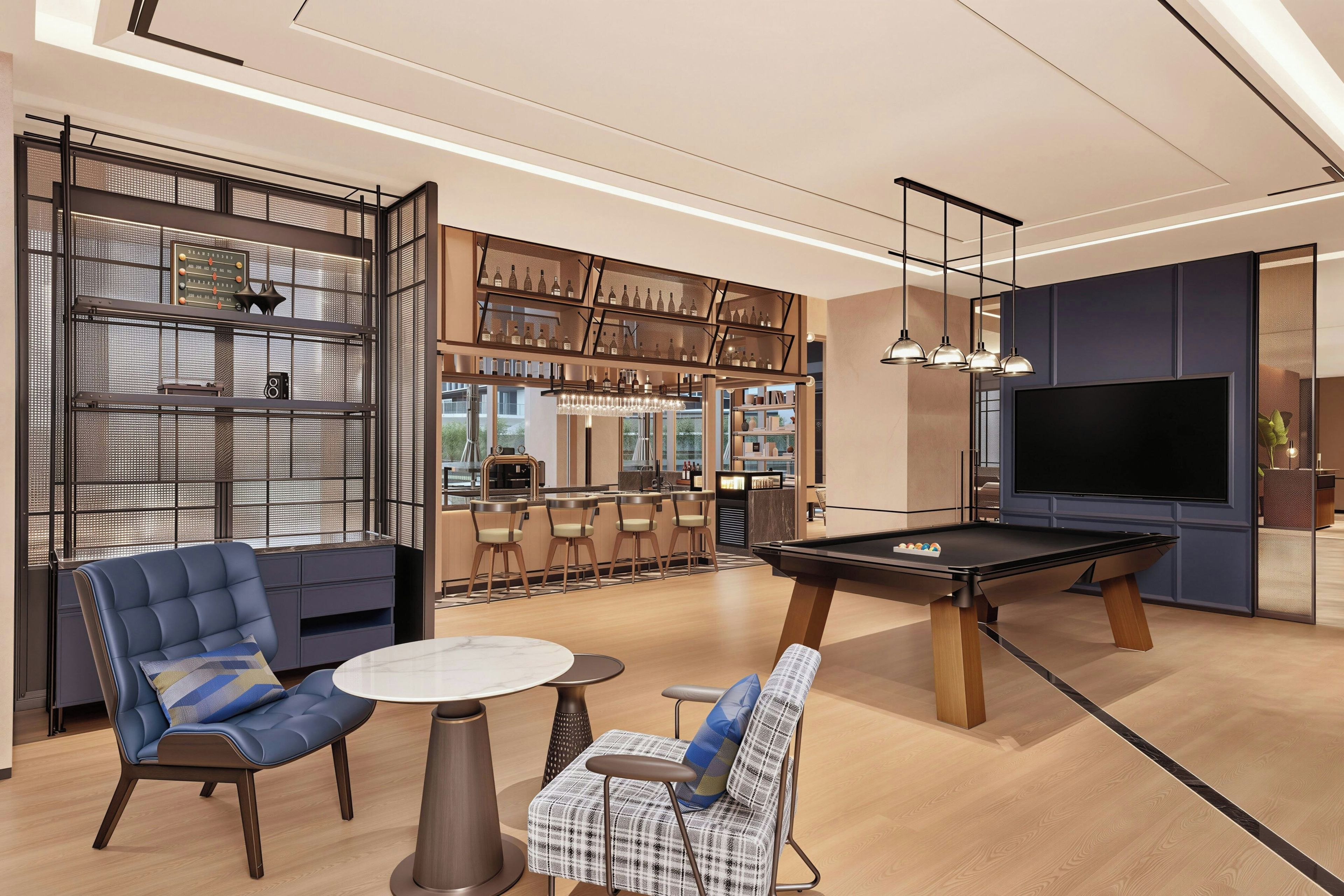 A modern lounge area with a pool table, seating, and a bar area with bottles.