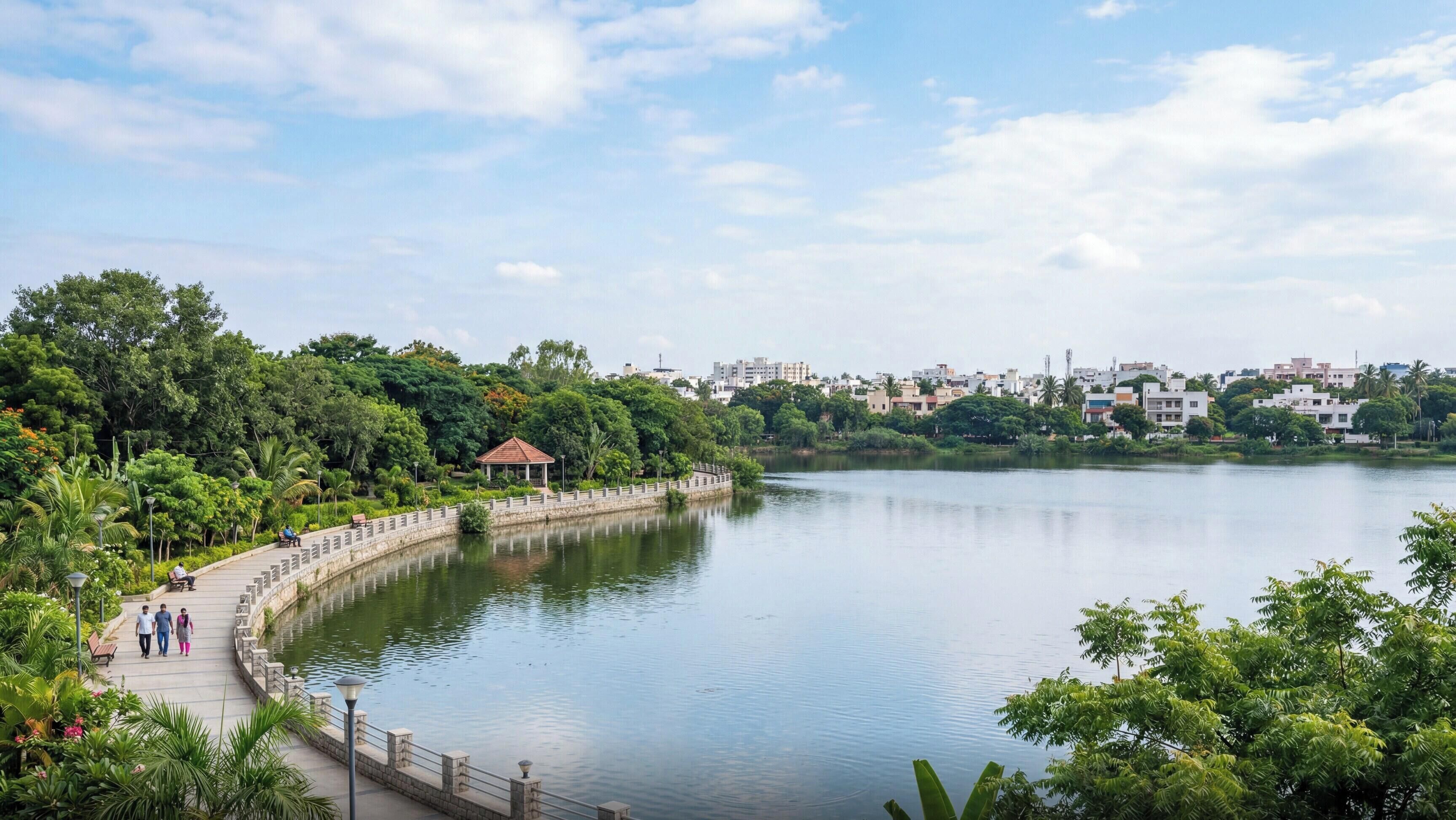Un parque tranquilo junto al lago con un sendero para caminar, un pabellón y vistas a una zona residencial al otro lado del agua.