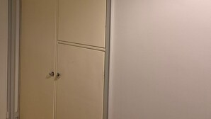 A closed wardrobe with a handle, a door, and a visible hinge.