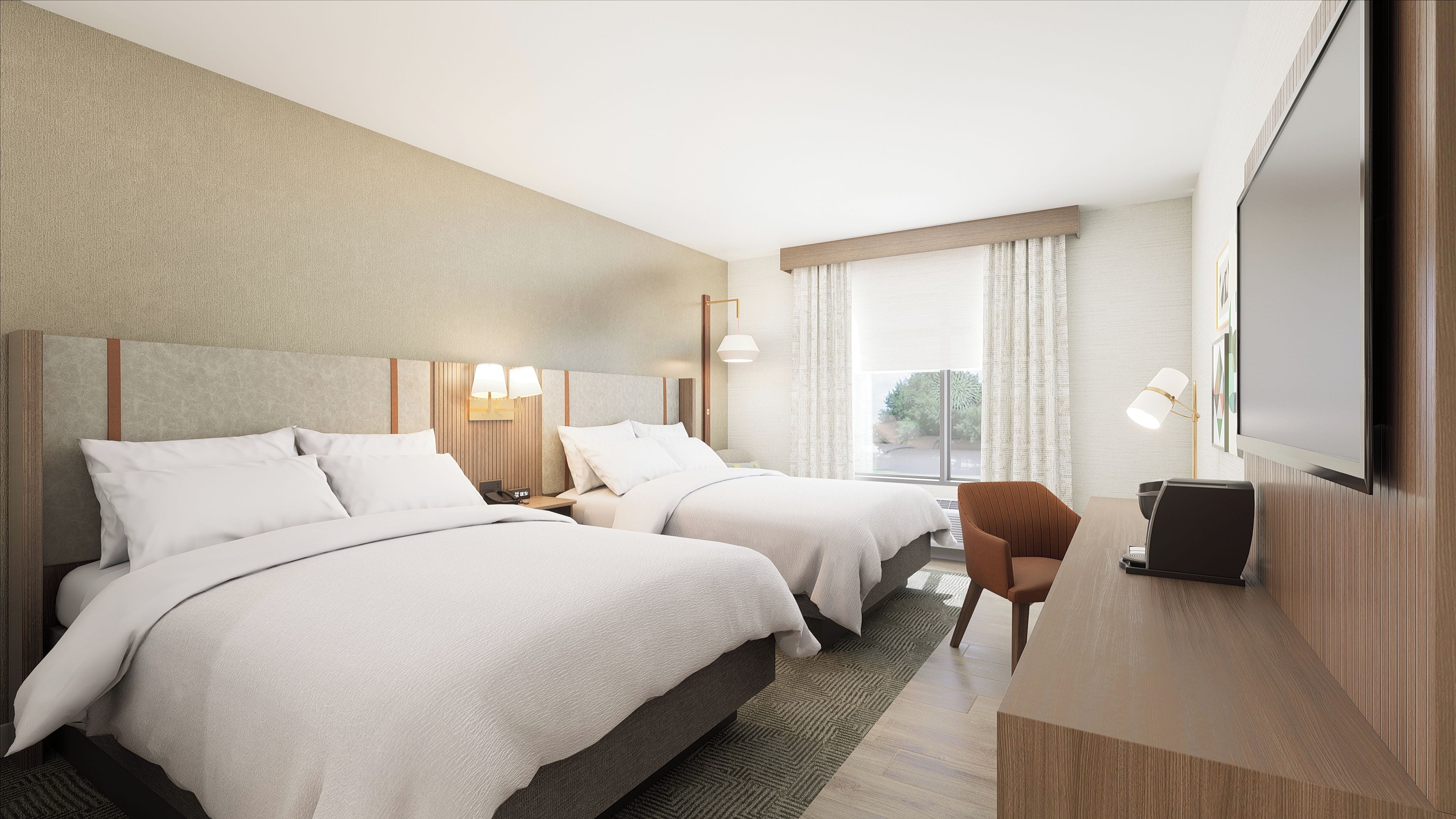 A hotel room with two beds, a desk, a chair, a television, and a window with curtains.