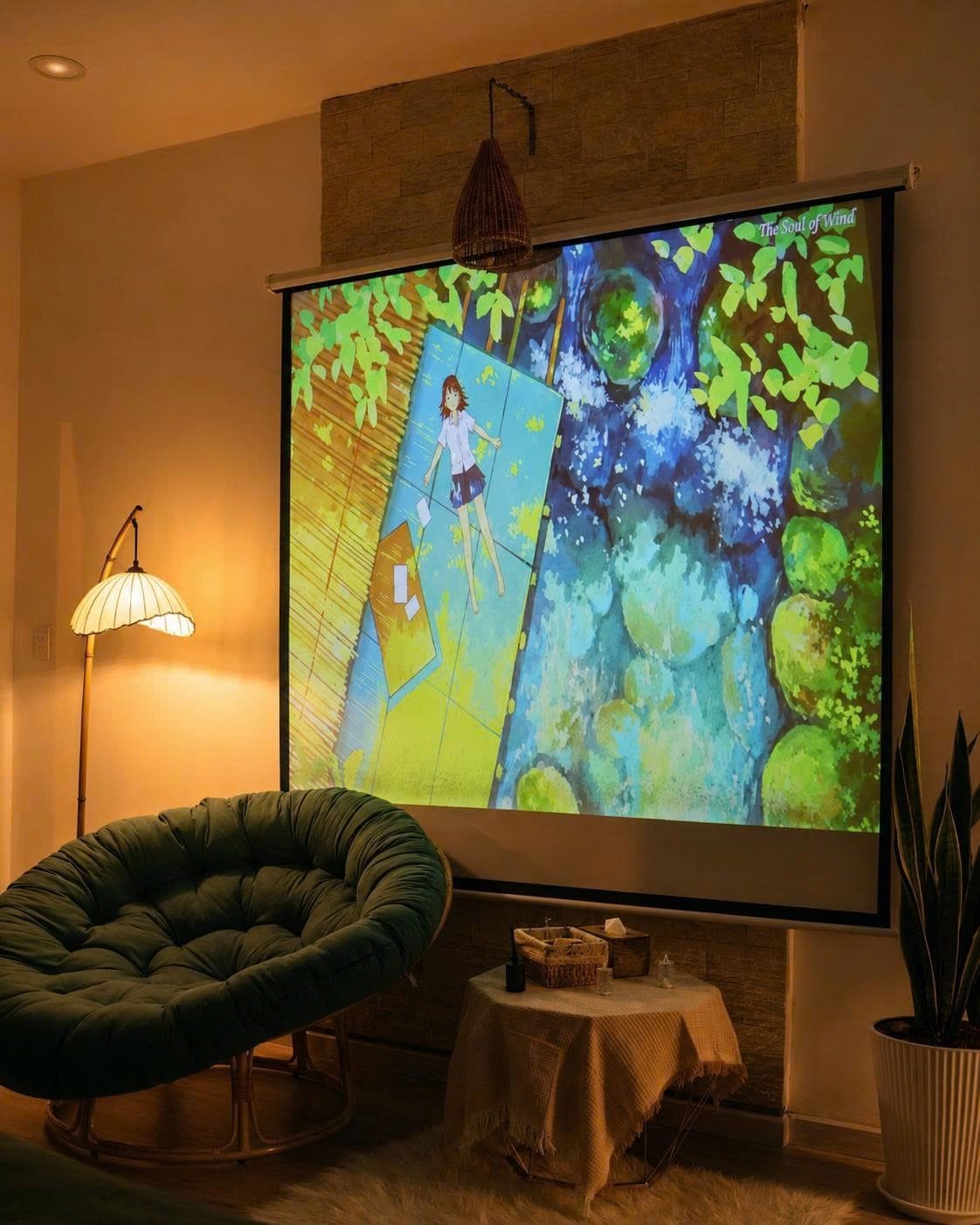 Una habitación con una pantalla grande mostrando una escena animada, un sillón de felpa verde, una mesita con una vela y una planta en maceta.