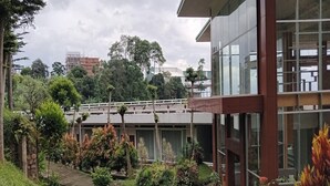 Un edificio moderno con fachada de vidrio, una galería techada y abundante vegetación.