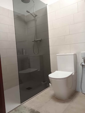 A bathroom with a glass-enclosed shower, a toilet, and a sink. - The perfect base for enchanting hikes in the Dolomites and the famous Pedavena Brewery (Pedavena)
