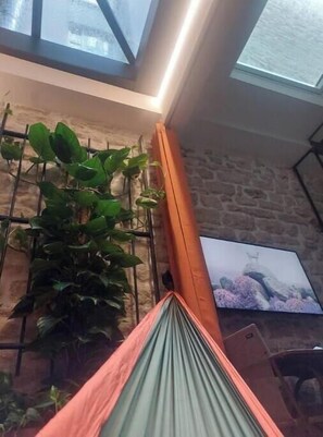 A room with a stone wall, a green plant, a TV, and a window. - The Little Workshop of Light • Air Conditioning & Sunrooms in the Heart of Paris (Île-de-France)
