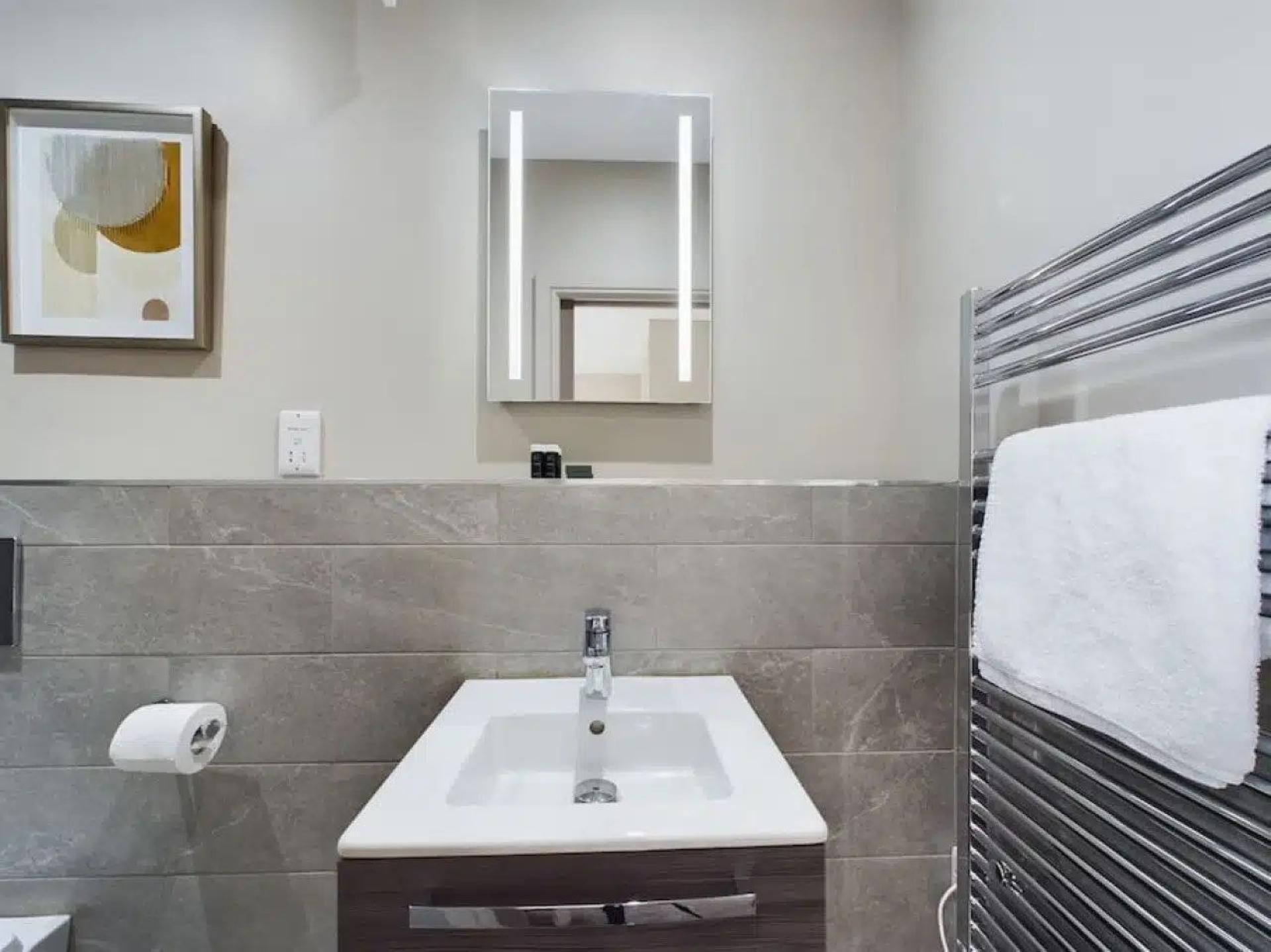 A bathroom with a white sink, a mirror, a towel rack, and a toilet paper holder.