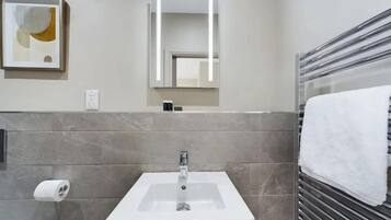 A bathroom with a white sink, a mirror, a towel rack, and a toilet paper holder.