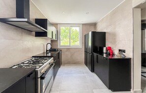 Une cuisine moderne équipée d’une cuisinière à gaz, de meubles noirs et d’une fenêtre laissant entrer la lumière naturelle.