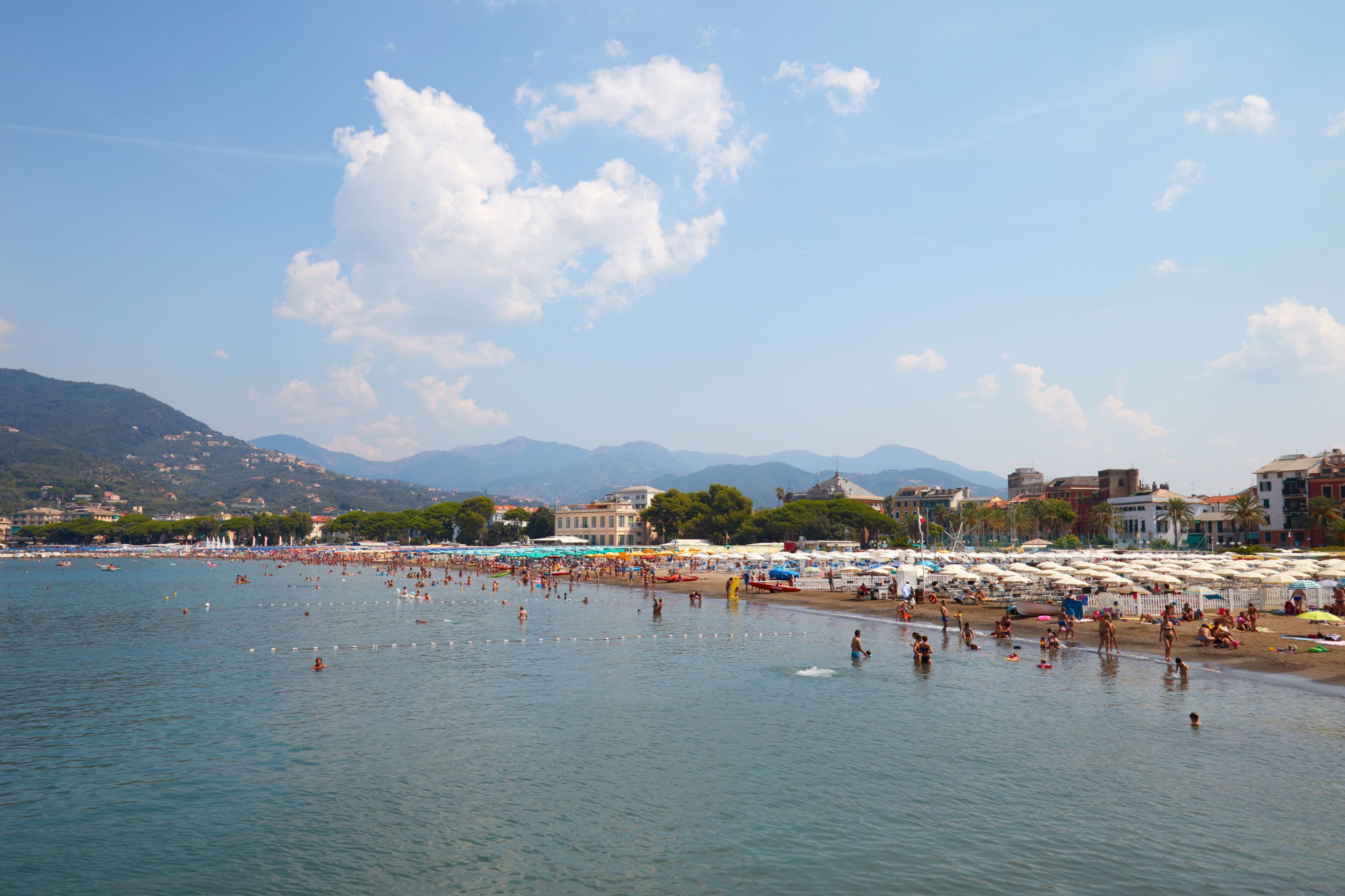 Une plage avec des parasols et des gens qui se baignent.