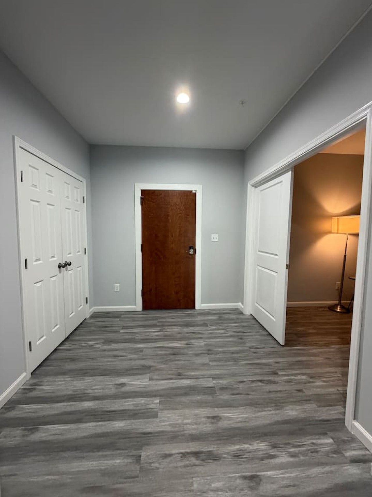A hallway with a wooden floor, a central door, and a lamp in the adjacent room.