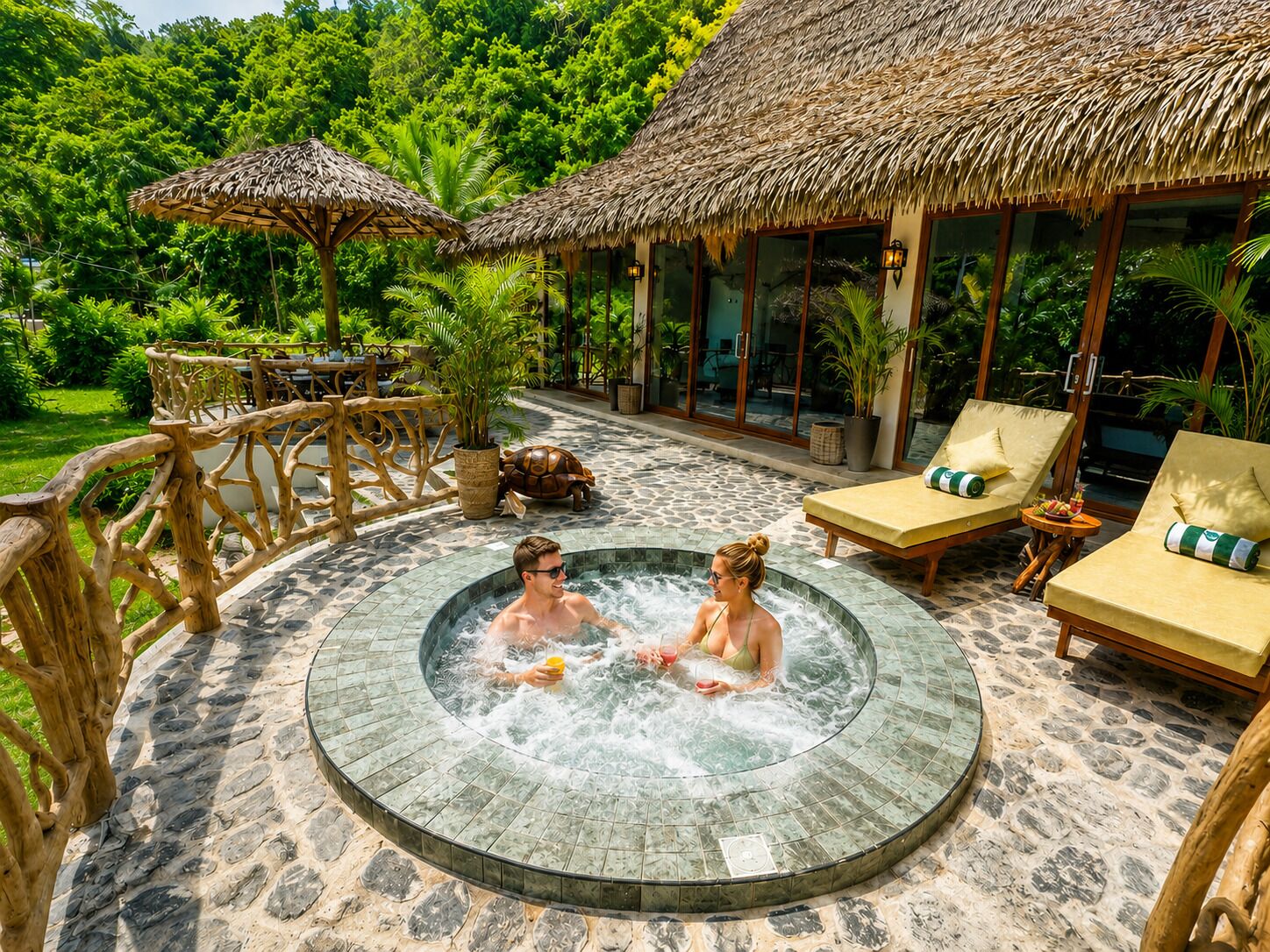 Un jacuzzi rodeado de sillas de descanso y una terraza de madera, con una estructura de techo de paja al fondo.