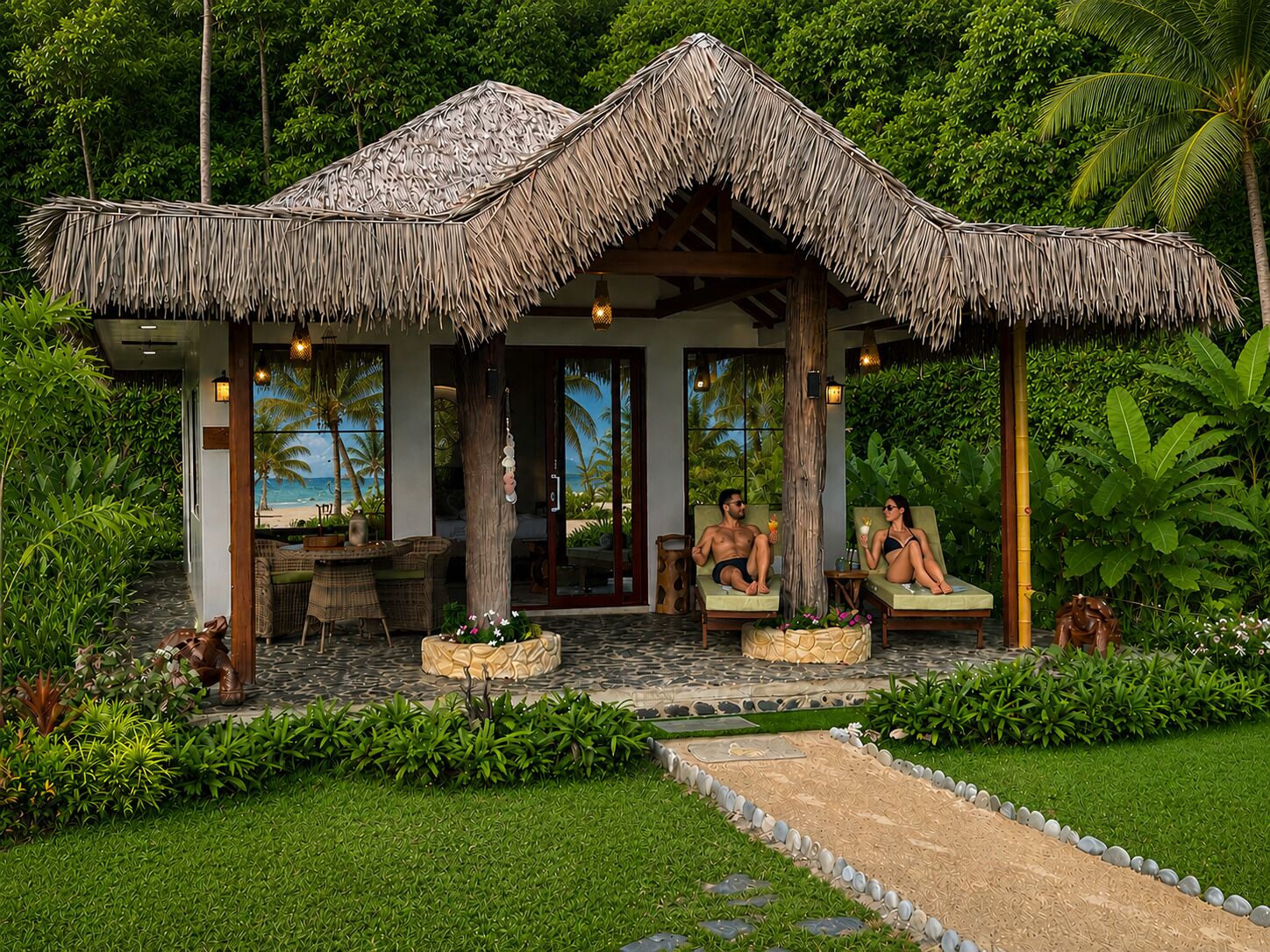 Un resort tropical con estructuras de techo de paja, asientos al aire libre y exuberante vegetación.