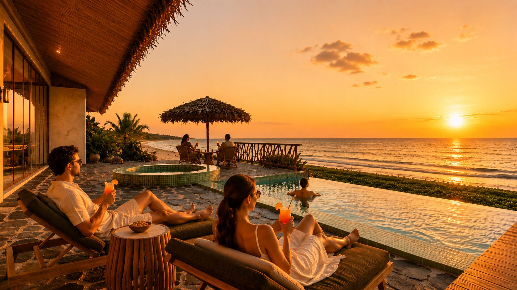 Un resort con piscina, sillas de descanso y vista al océano al atardecer.
