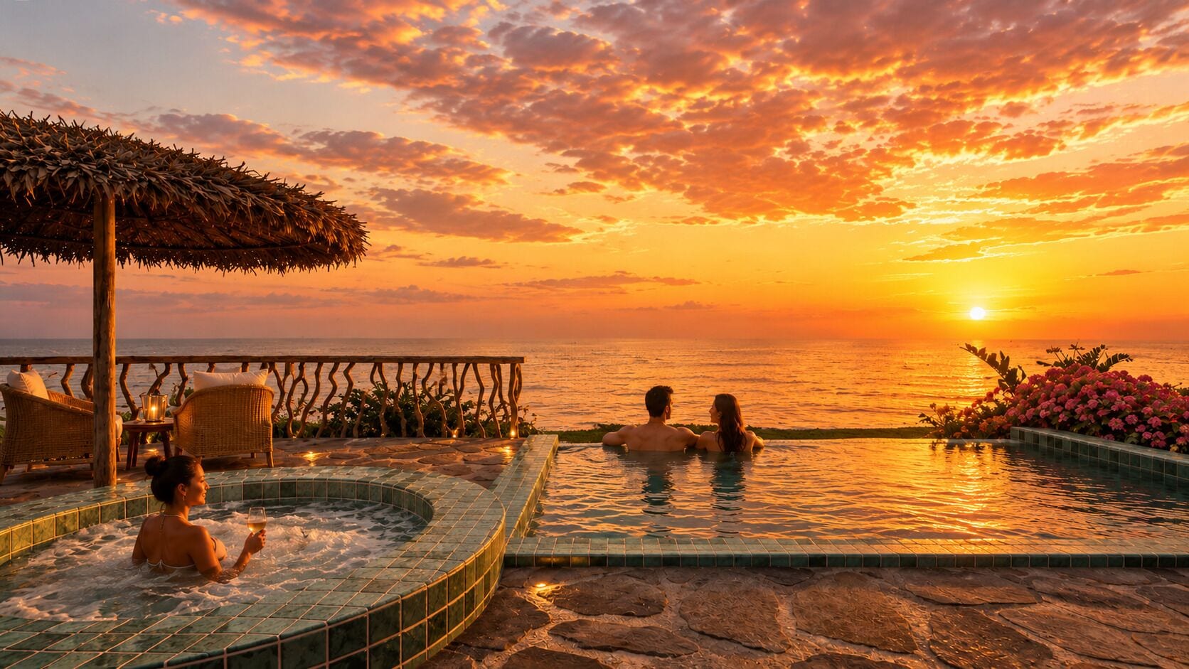 A poolside area with a sunset view, a hot tub, and lounge chairs.