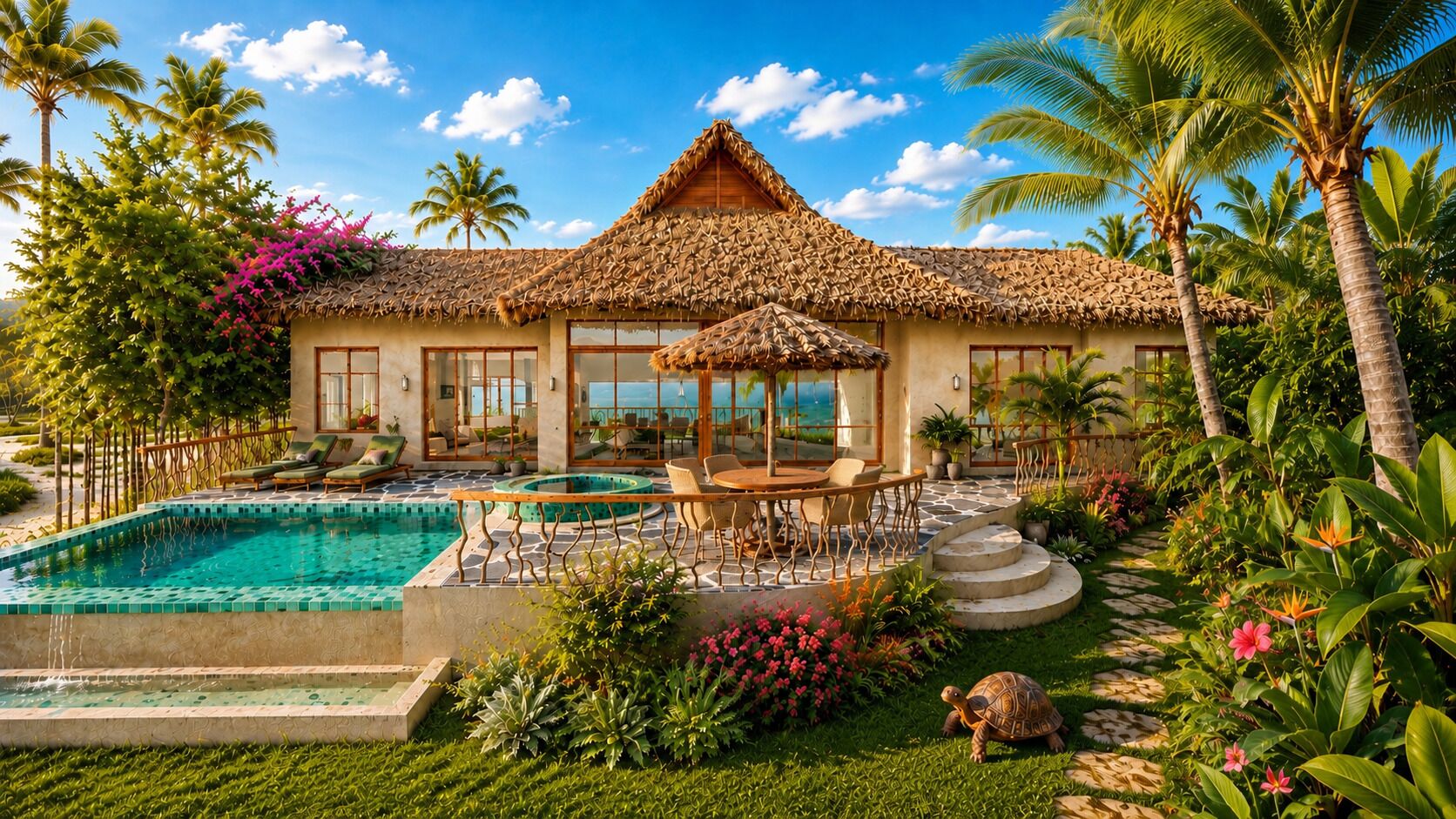 Un resort con piscina, mobiliario exterior y exuberante vegetación tropical.