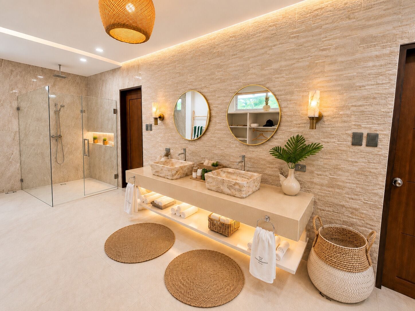 A modern bathroom with a glass-enclosed shower, a marble vanity, and two wall-mounted mirrors.