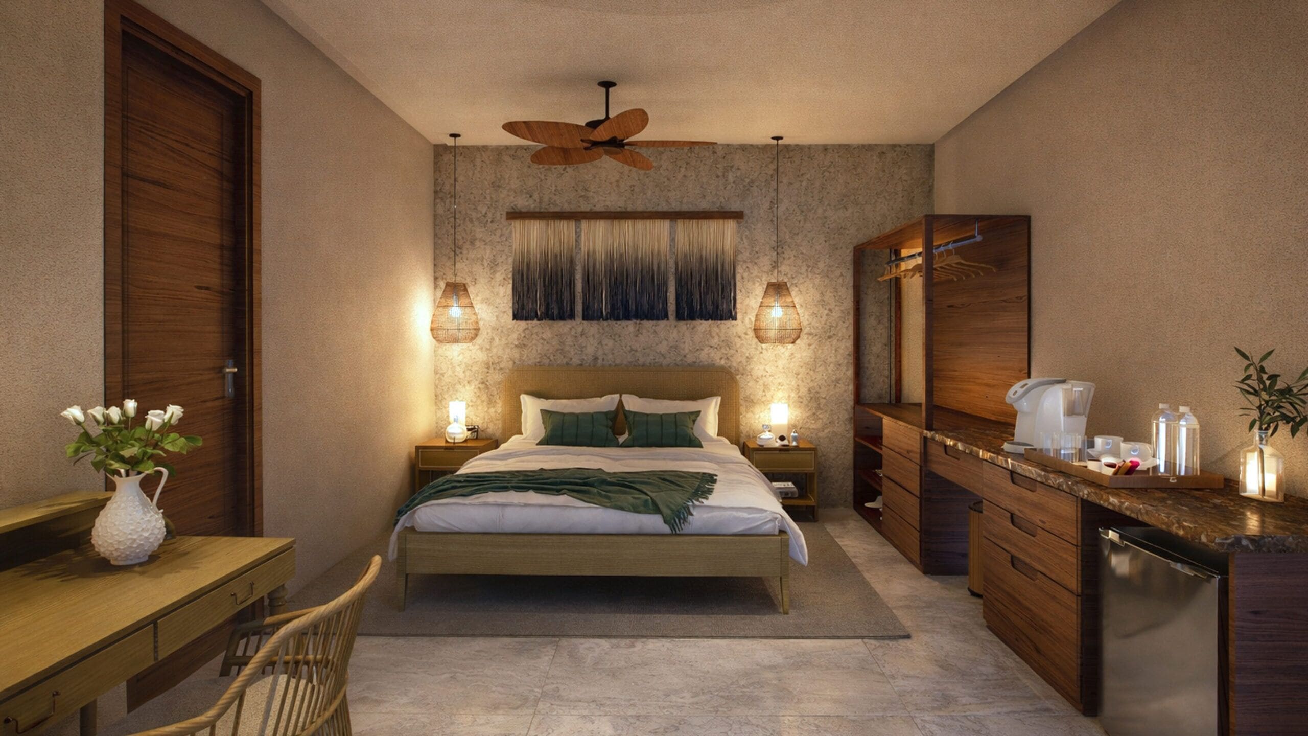 Un dormitorio con cama, mesitas de noche, un escritorio, una silla, un armario, un espejo y un ventilador de techo.